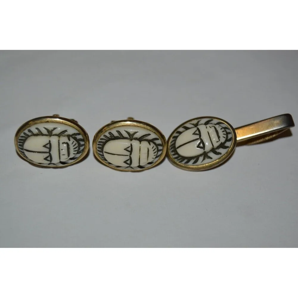 NICE Vintage White Tribal Masks 1960s Tie Bar Clasp & Cuff Links Set Ultra RARE
